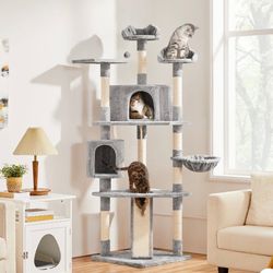 79"H Large Cat Tower with Condos & Scratching Posts - Light Gray