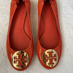 Tory Burch Red Orange Patent Leather Gold Logo Ballet Flats