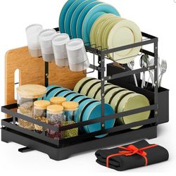 BBXTYLY Large Dish Drying Rack, 2 Tier Collapsible Dish Racks with Drainboard，Drainage, Wine Glass Holder, Utensil Holder and Extra Drying Mat, Dish D