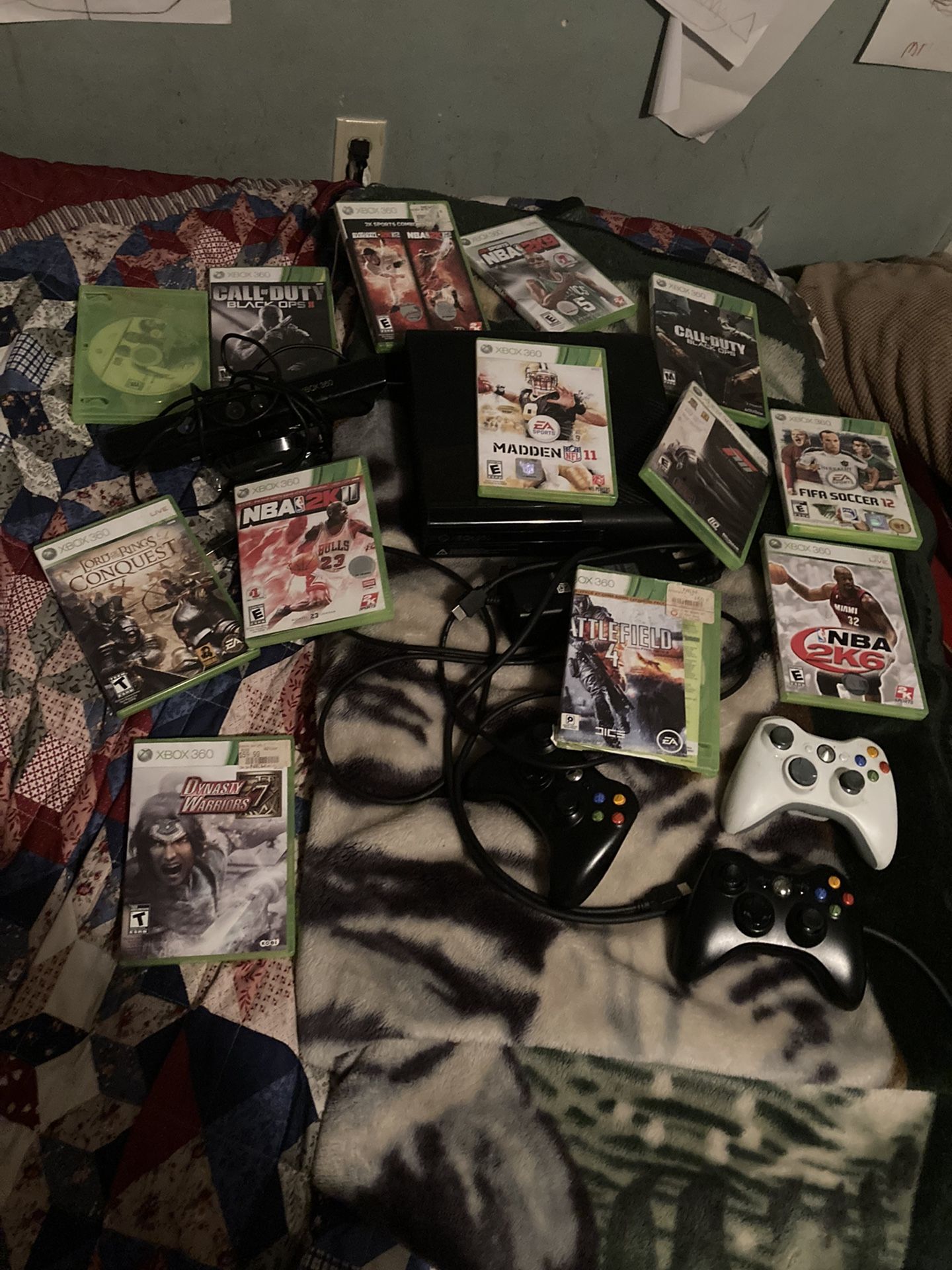 XBox 360 Elite With Kinect And 3 Controllers And A Bunch Of Games