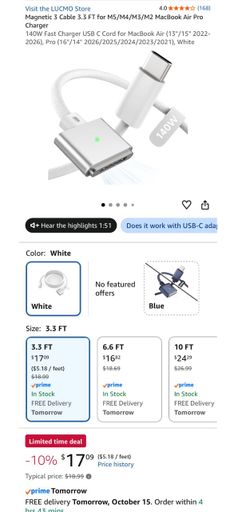 Magnetic USB-C MacBook Charger Cable 3.3 FT