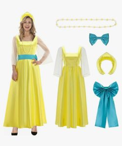 Women Princess Dress Long Sleeve Yellow Gown Necklace Headwear Halloween Cosplay Costume Outfit, Medium, yellow dress and accessory set worn by Anya (