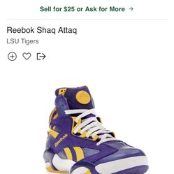 REEBOK SHAQ ATTAQ LSU TIGERS SIZE 11.5 DEADSTOCK 2014 RELEASE RARE NEW!!