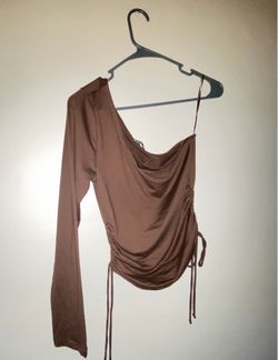 Brown One Shoulder Ruched Long Sleeve Top Medium