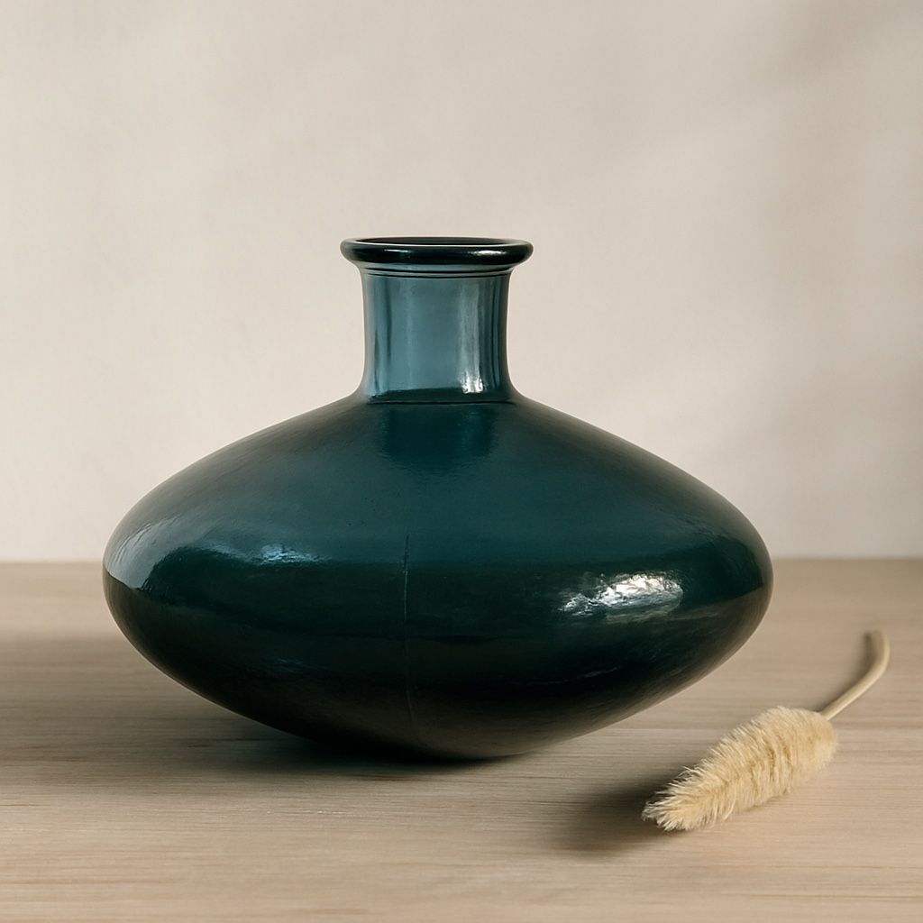 San Miguel Spain Vintage 1970s Recycled Glass Bottle Vase Teal Flattened Form