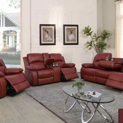 Burgundy Red Leather Fully Reclining Couch Set 
