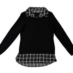 Adrianna Papell Twofer Collared Sweater Blouse Top Black Long Sleeve Plaid Small