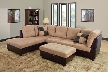 New Tan Sectional with Storage Ottoman