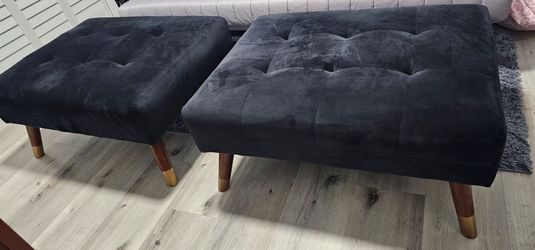 Set of 2 Black Velvet Tufted Ottomans
