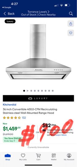 KitchenAid 36 inch Convertible 400.0-CFM Recirculating Stainless steel Wall-Mounted Range Hood