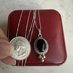 925 Sterling Silver W/ Genuine Oval Black Onyx Necklace ,  20 In 925 Chain , Marked 925 BA Indonesia , Beautiful Pendant