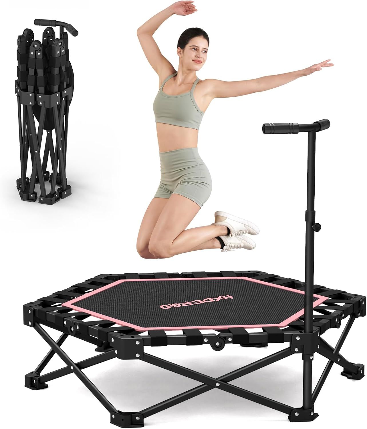 42'' Foldable Mini Trampoline, Rebounder Trampoline with Adjustable Foam Handle, Fitness Trampoline for Indoor, Outdoor, Home Gym, Max Load 460lbs