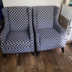 Pier One Blue and White Upholstered Wingback Arm Chair