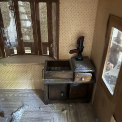 50 or 100 year-old antique wooden doll house with furniture, etc.