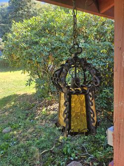 Vintage Spanish Revival Wrought Iron Hanging Lantern – 1920s Gothic Amber Glass Light Fixture 17”