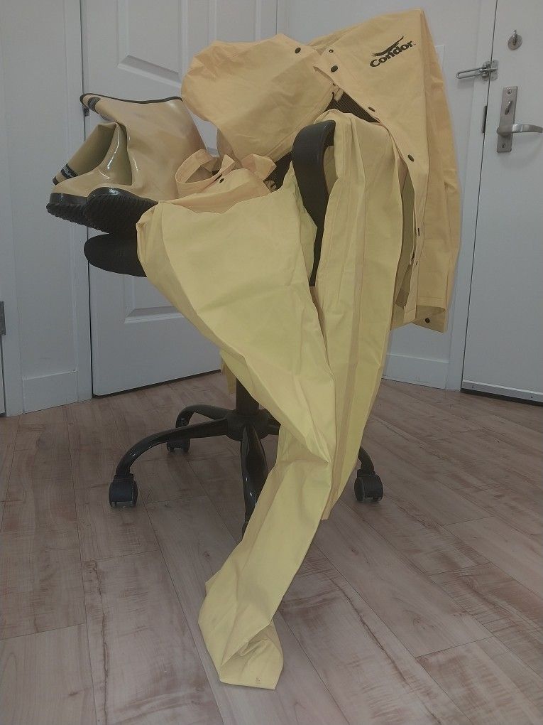 Heavy Duty Industrial Water Proof Rainsuit With Hood. Size Large Overralls Size Large. Rubber Boots Adjustable Strap Size12. Great for fishing or rain