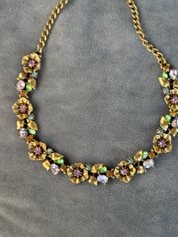 Signed Vintage LISNER Floral Rhinestone Necklace Gold Tone