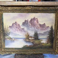 Vintage Alpine Mountain Landscape Oil Painting Large Framed Chalet Lake Scene