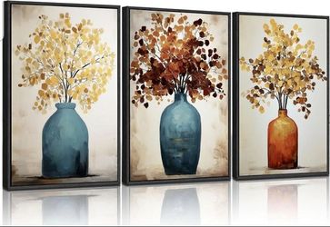Framed Vintage Canvas Wall Art Set of 3 – Moody Flower Paintings, 16x24 Inches.
