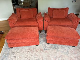 2 matching red orange chair 1/2 with ottomans.