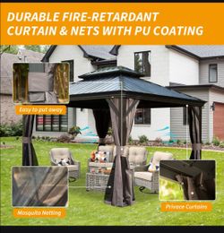 10'X 12' Hardtop Gazebo, Upgraded Metal Gazebo with Drainage System, Dual-Layer Galvanized Steel Roof, Curtain and Netting, Outdoor Shelter Canopy for