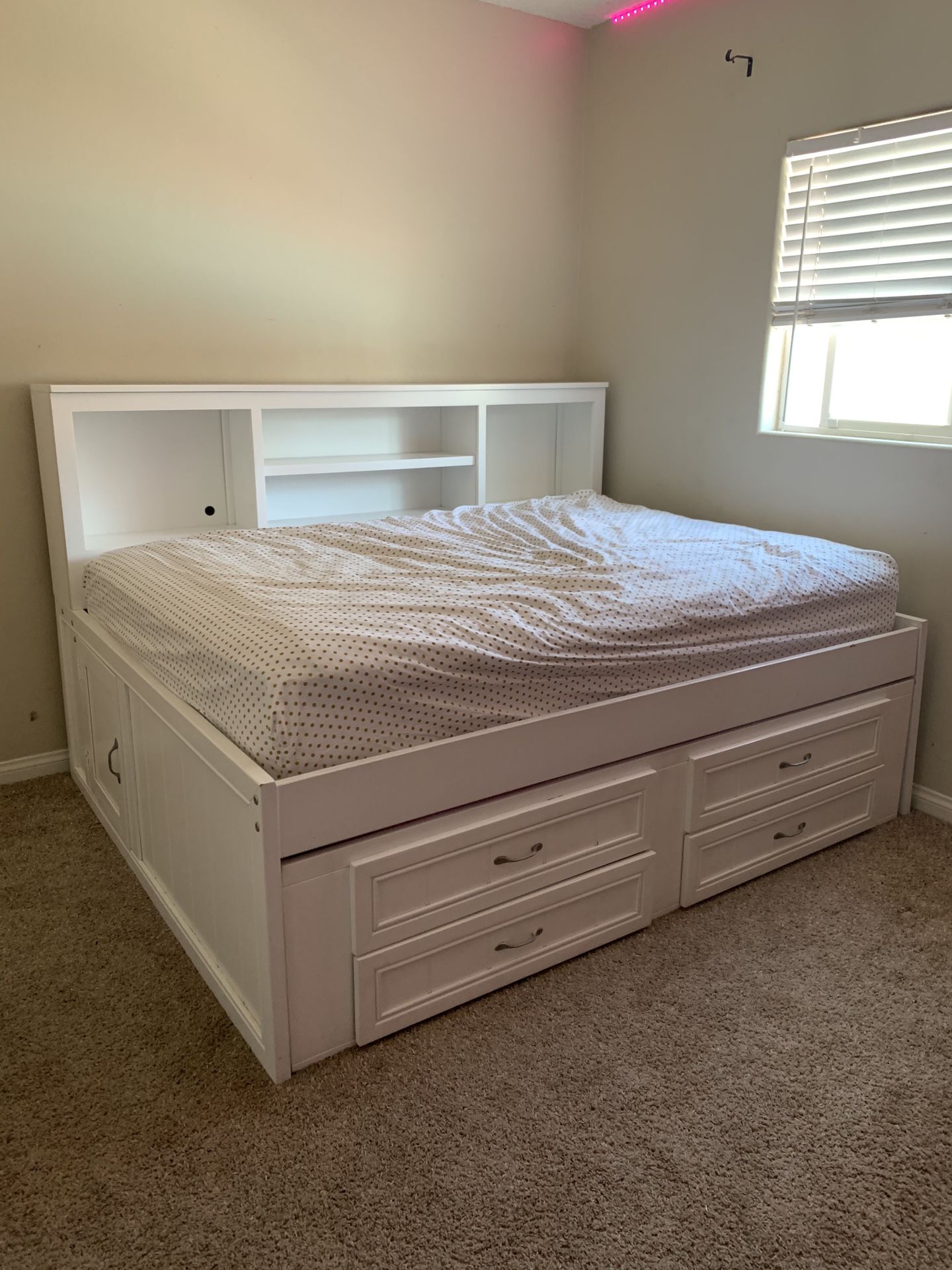 Full size Day Bed w/ Twin size pull out, storage, bookcase, & two drawers.