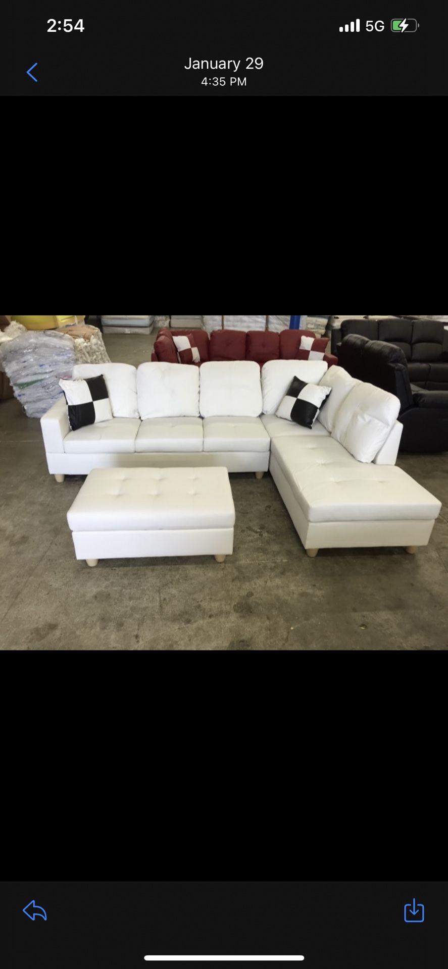 White Leather Sectional Couch And Ottoman