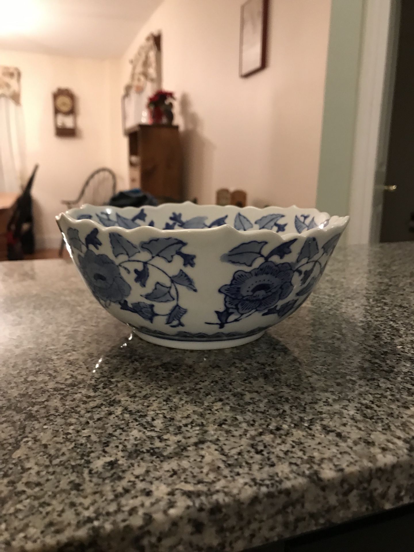 7” wide, 3.5 “ tall. Blue and white Japanese looking bowl.