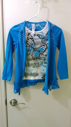Girls Beautiful Turquoise White & Black Butterfly Blouse Size Large (14)
