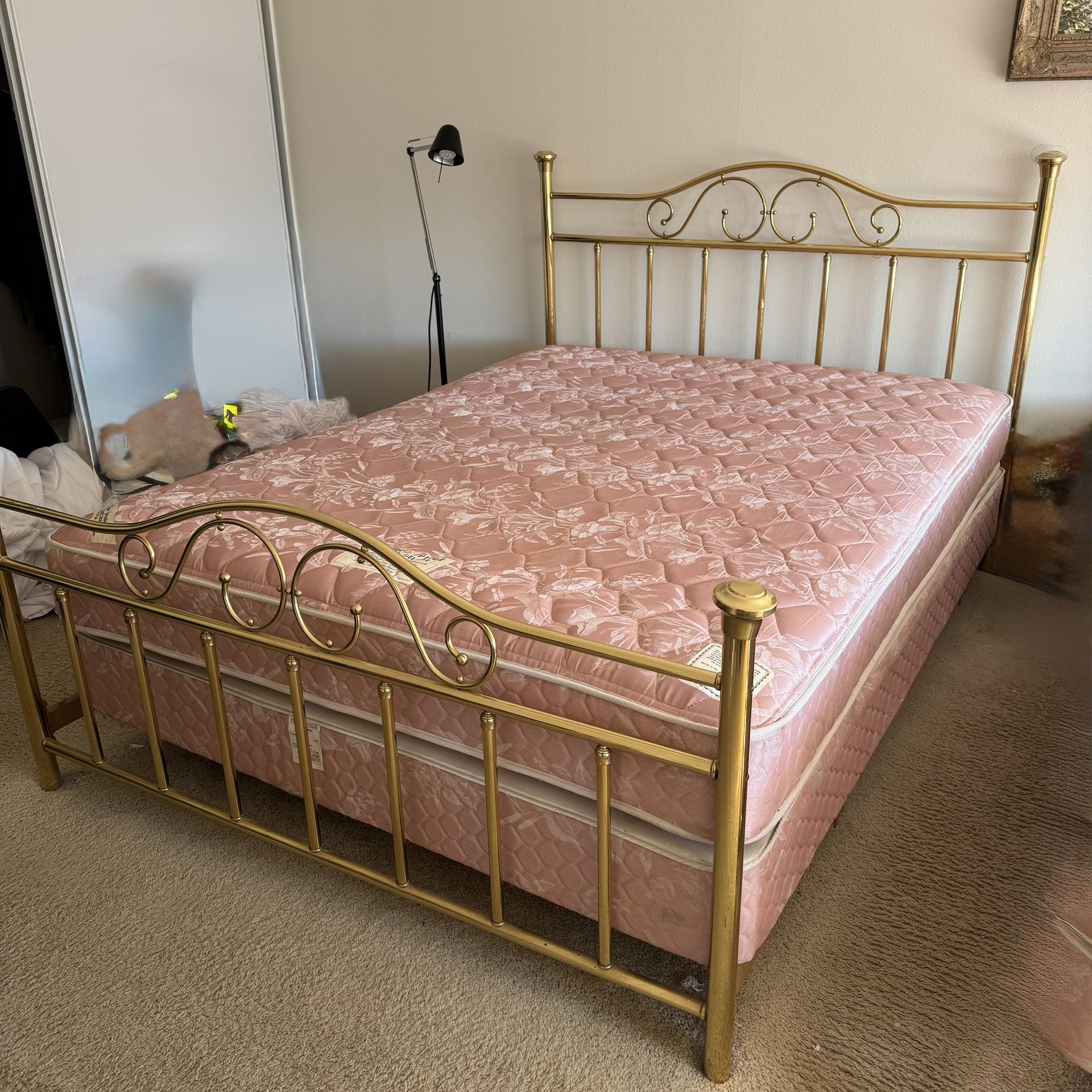 Queen Size Gold Bed Frame, Mattress and Box Spring Very Clean and Good Condition