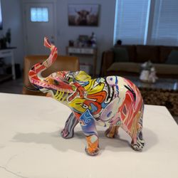 Multicolored Polystone Elephant Graffiti Decorative Sculpture