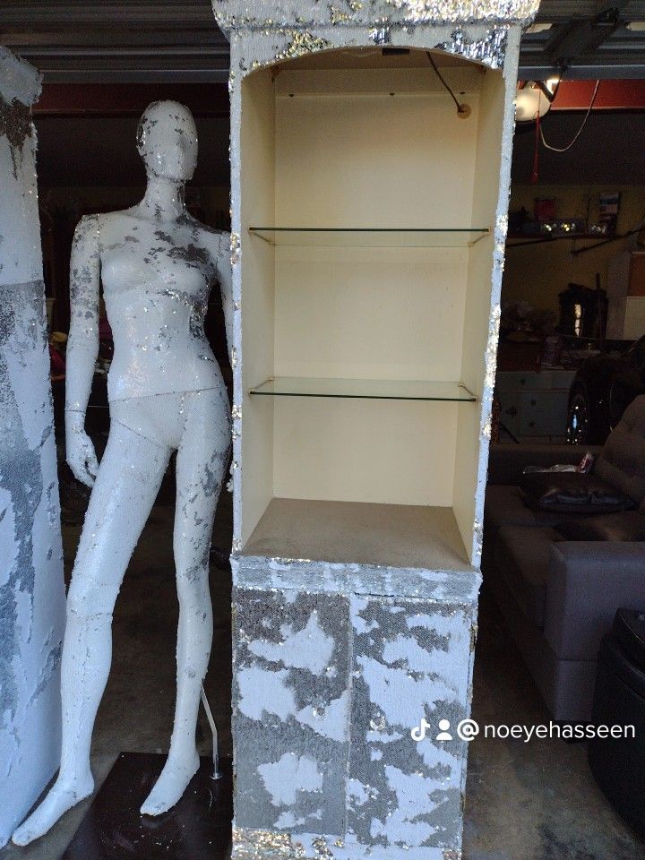 SALE! White/Silver Sequin Lighted Tall Cabinets / Matching Life Size Mannequin $350