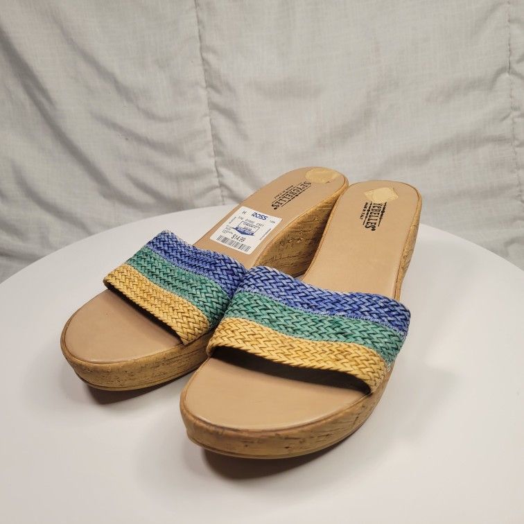 Seychelles Y2K Woven Blue Striped Cork Wedge Heeled Slide Sandals