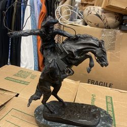 FREDERICK REMINGTON BRONZE SCULPTURE STATUE HORSE COWBOY BRONCO BUSTER ON MARBLE 