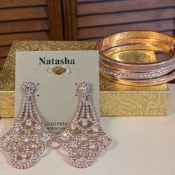 Rose Pink Dangle Earrings & Bangle Bracelets