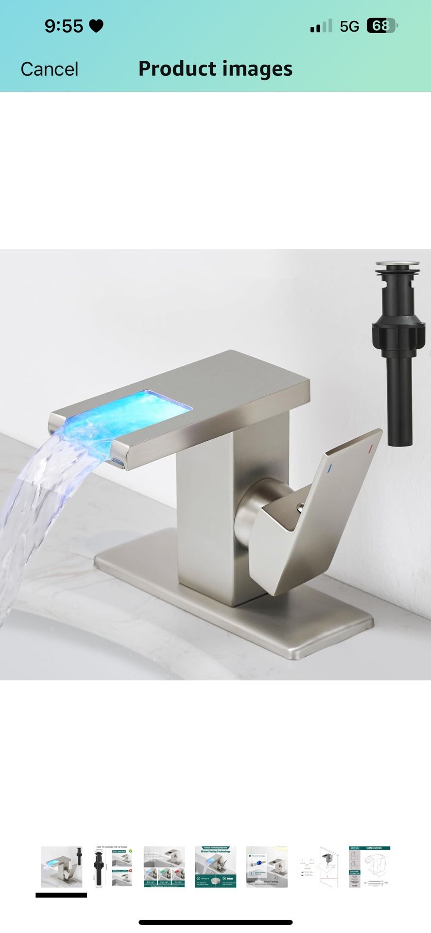 LED Waterfall Bathroom Faucet Brushed Nickel, Single Handle Bathroom Sink Faucet 1 Hole, 3 Colors Light Changing, with Pop-up Drain