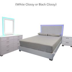 White Glossy Queen Bedroom Set With LED Headboard/ Mirror