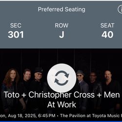 2 Tickets For TOTO Concert. $ 130 Each 