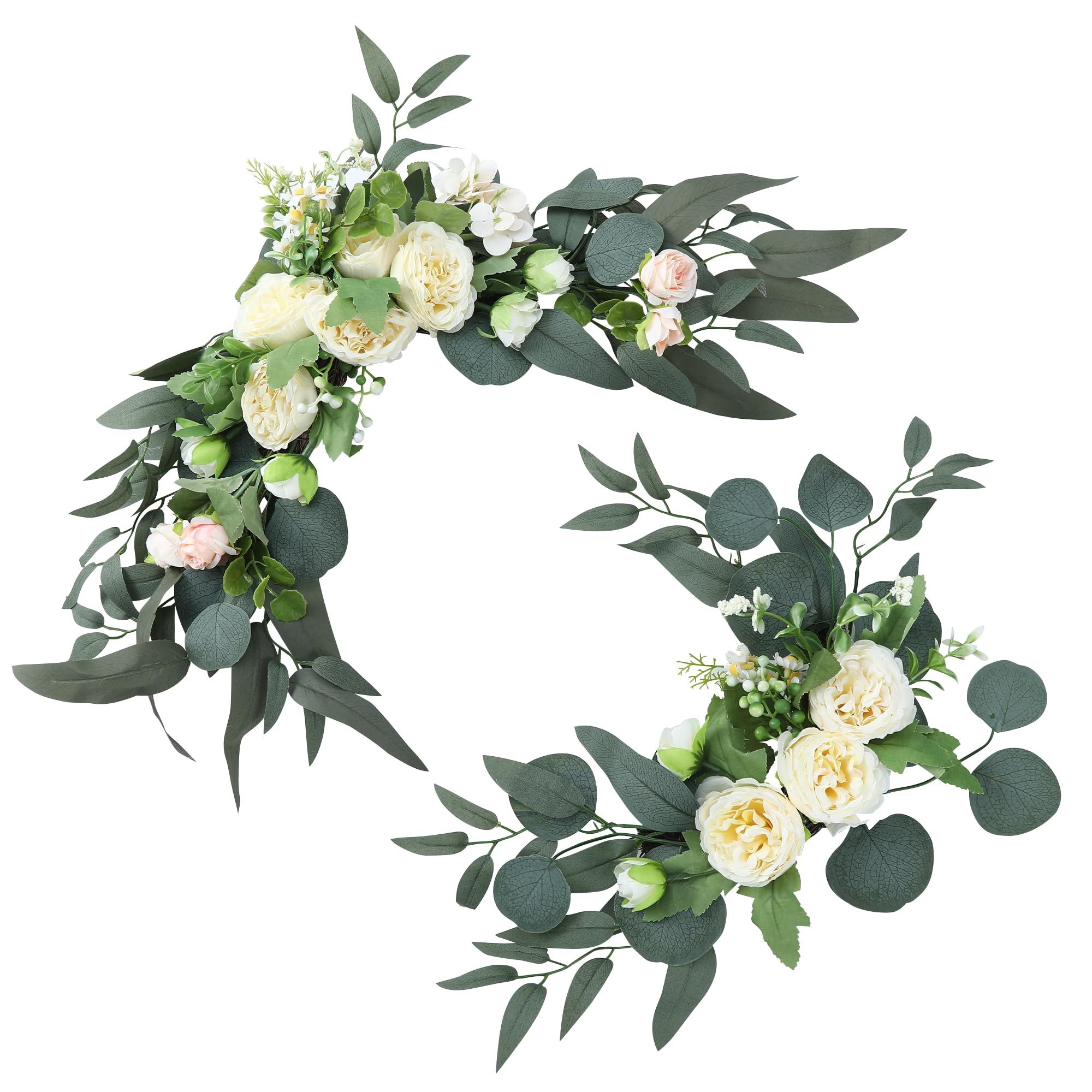 H&W 2pcs Artificial Arch Flowers For Wedding Sign, Floral Swag Dusty Decor For Reception Ceremony Backdrop Sweetheart Table (Champagne Colored Peony)