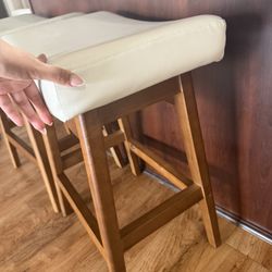 Modern Wood Bar Stools (Set of 4) – Neutral Cushioned Seats