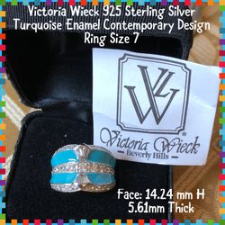 Victoria Wieck Sterling Silver Simulated Diamond Enamel Turquoise Ring 7