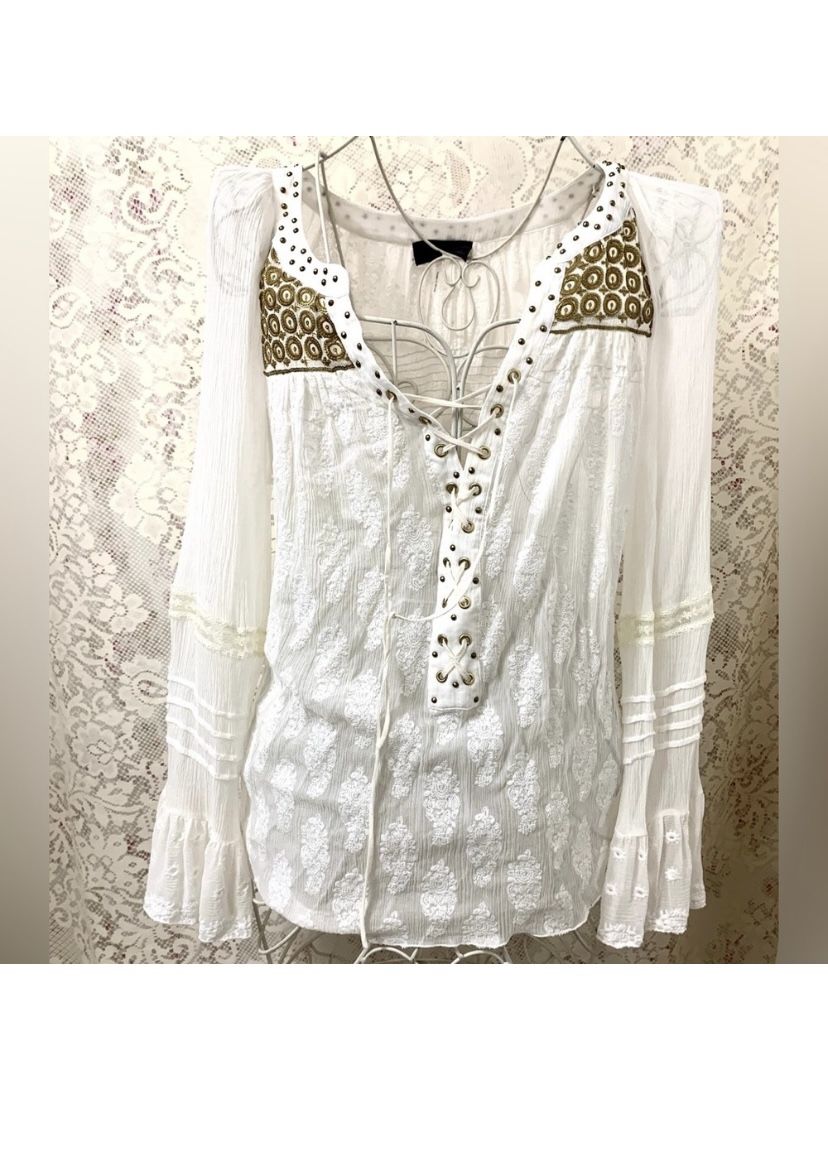 HALE BOB silk top Embroidered Beaded Ivory Long Sleeves Sz XS MSRP $330