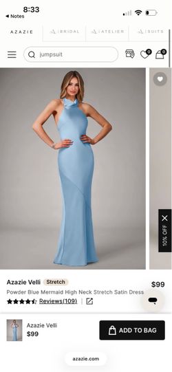 Azazie Velli Stretch Powder Blue Mermaid High Neck Satin Dress bridesmaid wedding   Size 0 Originally $115  Worn once. Professional cleaned. Looks new