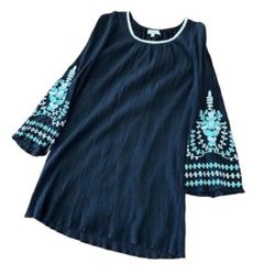Umgee Woman’s Black Dress Embroidered Boho Bell Sleeve Short, Sz L