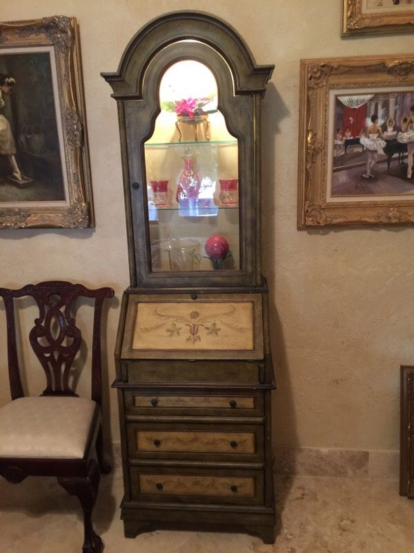 Lovely Small Painted Secretary Desk With Lighted Showcase For Sale