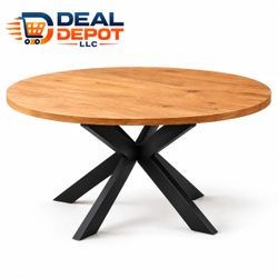 Round Dining Table - Extendable – Natural Oak Finish & Black Metal Base - NEW