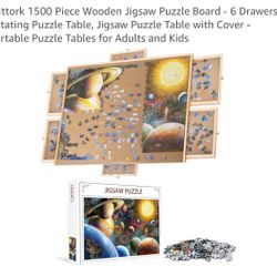 NEW 1500 Piece Wooden Puzzle Board With 6  Drawers, Rotating