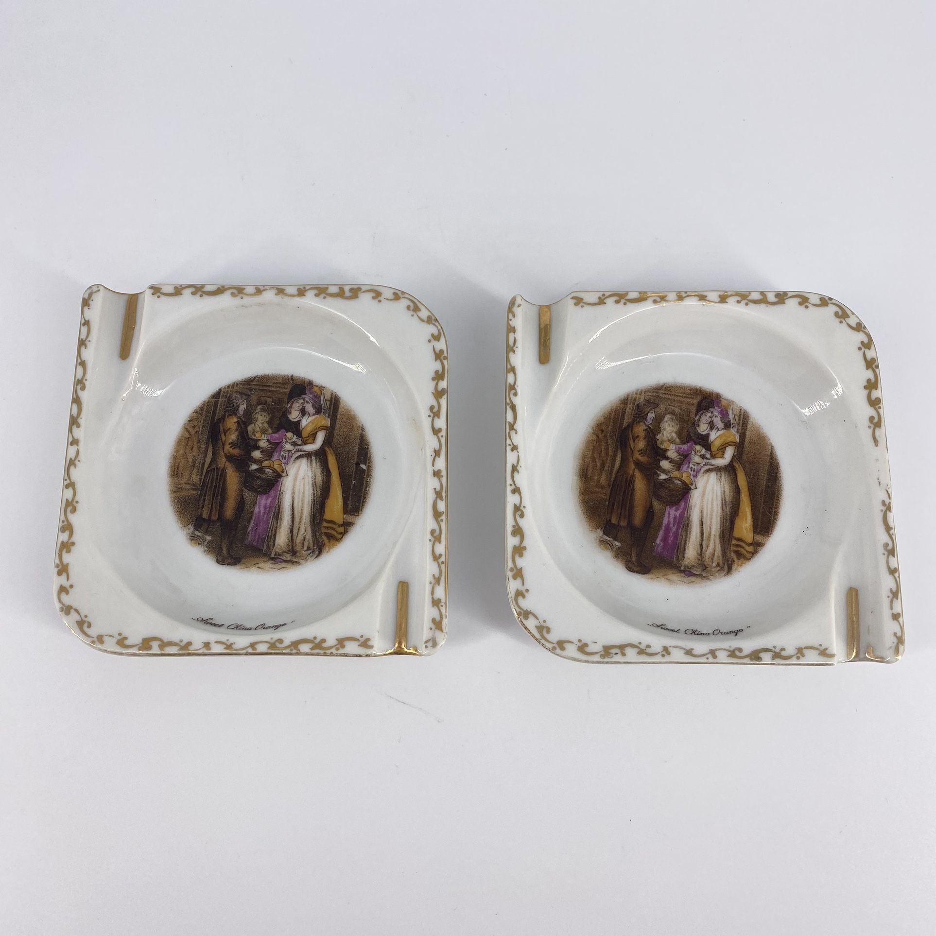 Set of 2 Sweet China Orange Ashtray Colonial Scene 4" White Porcelain