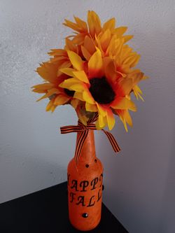 Happy Fall Decorated Bottle with Faux Sunflowers