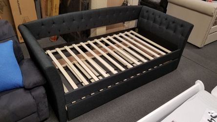 Brand new dark gray/light gray/light brown tufted linen twin over twin daybed